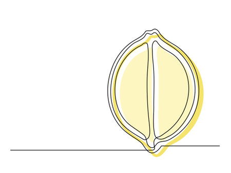 Continuous one line yellow lemon halves isolated on white background. Simple citrus silhouette. Hand drawn lemon outline. Vector illustrationのイラスト素材
