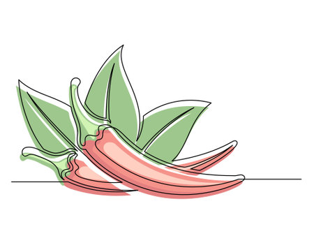 Continuous one line red chili peppers with leaves isolated on white background. Simple vegetable silhouette. Hand drawn chili peppers outline. Vector illustrationのイラスト素材