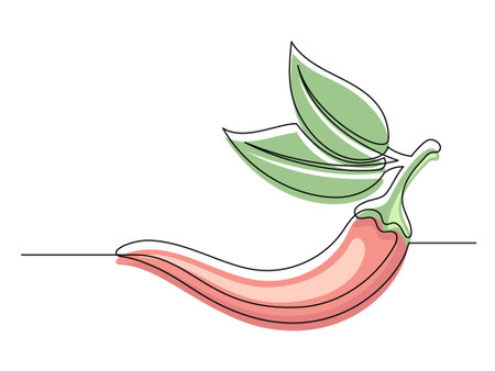 Continuous one line red chili pepper with leaves isolated on white background. Simple vegetable silhouette. Hand drawn chili pepper outline. Vector illustrationのイラスト素材