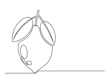 Continuous one line lemon with leaf isolated on white background. Simple citrus silhouette. Hand drawn lemon outline. Vector illustrationのイラスト素材