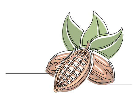 Continuous one line colorful cocoa beans branch with leaves isolated on white background. Simple vegetable silhouette. Hand drawn cocoa beans branch outline. Vector illustrationのイラスト素材