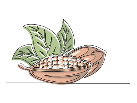 Continuous one line colorful cocoa beans branch with leaves isolated on white background. Simple vegetable silhouette. Hand drawn cocoa beans branch outline. Vector illustrationのイラスト素材