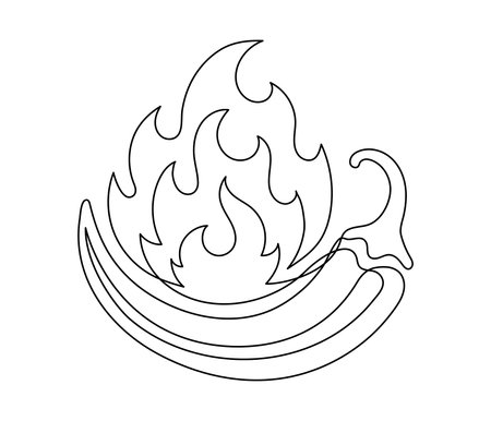 Chili pepper with fire line isolated on white background. Simple vegetable silhouette. Hand drawn chili pepper outline. Vector illustrationのイラスト素材