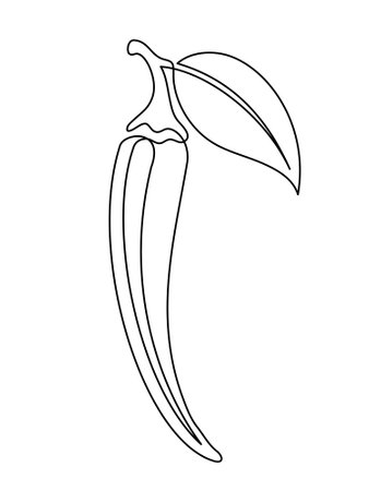 Chili pepper with leaf line isolated on white background. Simple vegetable silhouette. Hand drawn chili pepper outline. Vector illustrationのイラスト素材