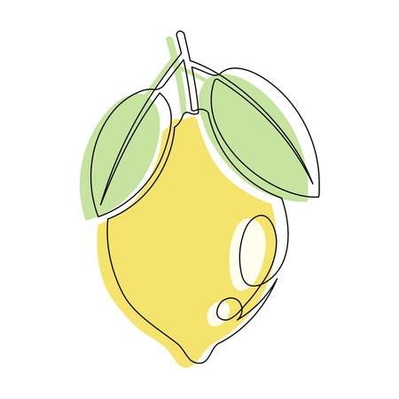 Yellow lemon with leaf isolated on white background. Simple citrus silhouette. Hand drawn lemon outline. Vector illustrationのイラスト素材