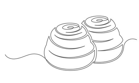 Bun cinnabons continuous one line isolated on white background. Bakery symbol art drawing. Bun cinnabons design outline. Editable stroke. Vector illustrationのイラスト素材