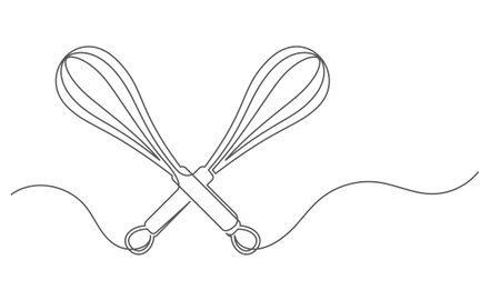 Whisks continuous one line isolated on white background. Bakery symbol art drawing. Whisks design outline. Editable stroke. Vector illustrationのイラスト素材
