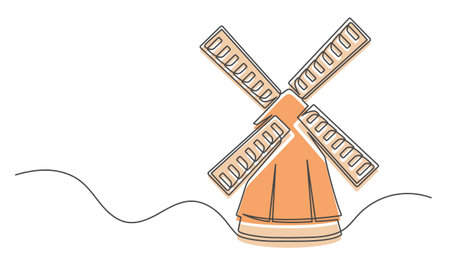 Windmill continuous one line isolated on white background. Farm symbol art drawing. Windmill design outline. Editable stroke. Vector illustrationのイラスト素材