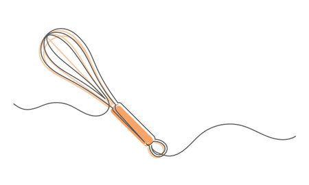 Whisk continuous one line isolated on white background. Bakery symbol art drawing. Whiskey design outline. Editable stroke. Vector illustrationのイラスト素材