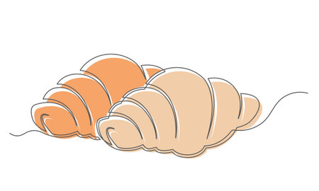 Croissants continuous one line isolated on white background. Bakery symbol art drawing. Croissants design outline. Editable stroke. Vector illustrationのイラスト素材