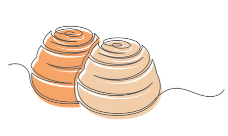 Bun cinnabons continuous one line isolated on white background. Bakery symbol art drawing. Bun cinnabons design outline. Editable stroke. Vector illustrationのイラスト素材