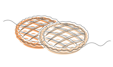 Apple pies continuous one line isolated on white background. Bakery symbol art drawing. Apple pies design outline. Editable stroke. Vector illustrationのイラスト素材