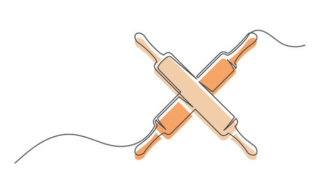 Rolling pins continuous one line isolated on white background. Bakery symbol art drawing. Rolling pins design outline. Editable stroke. Vector illustrationのイラスト素材