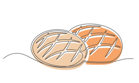Breads continuous one line isolated on white background. Bakery symbol art drawing. Breads design outline. Editable stroke. Vector illustrationのイラスト素材