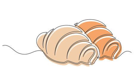Croissants continuous one line isolated on white background. Bakery symbol art drawing. Croissants design outline. Editable stroke. Vector illustrationのイラスト素材