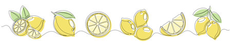 Lemon yellow continuous one line drawing set isolated on a white background. Horizontal banner. Outline lemon citrus collections. Editable stroke. Vector illustrationのイラスト素材