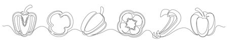 Pepper continuous one line drawing set isolated on a white background. Horizontal banner. Outline bell pepper vegetable collections. Vector illustrationのイラスト素材