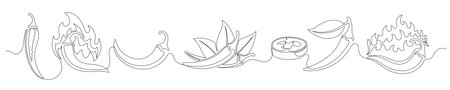 Chili pepper continuous one line drawing set isolated on a white background. Horizontal banner. Outline chili pepper vegetable collections. Editable stroke. Vector illustrationのイラスト素材