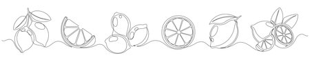 Lemon continuous one line drawing set isolated on a white background. Horizontal banner. Outline lemon citrus collections. Editable stroke. Vector illustrationのイラスト素材