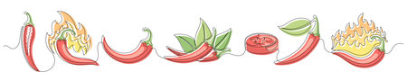 Chili pepper red continuous one line drawing set isolated on a white background. Horizontal banner. Outline chili pepper vegetable collections. Editable stroke. Vector illustrationのイラスト素材