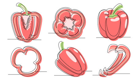 Bell pepper red continuous one line drawing set isolated on a white background. Editable stroke. Outline pepper vegetable collections. Vector illustrationのイラスト素材
