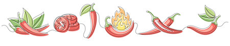 Chili pepper red continuous one line drawing set isolated on a white background. Editable stroke. Outline chili pepper vegetable collections. Horizontal banner. Vector illustrationのイラスト素材
