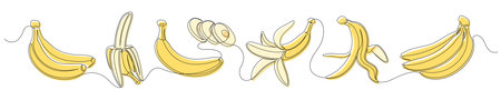 Bananas yellow continuous one line drawing set isolated on a white background. Horizontal banner. Outline banana fruit collections. Editable stroke. Vector illustrationのイラスト素材