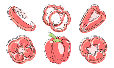 Pepper red continuous one line drawing icon set. Outline bell peppers vegetable collections isolated on a white background. Vector illustrationのイラスト素材