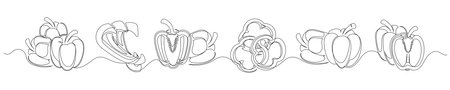 Pepper continuous one line drawing set isolated on a white background. Horizontal banner. Outline bell pepper vegetable collections. Vector illustrationのイラスト素材