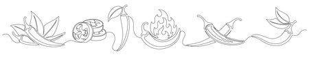 Chili pepper continuous one line drawing set isolated on a white background. Editable stroke. Outline chili pepper vegetable collections. Horizontal banner. Vector illustrationのイラスト素材