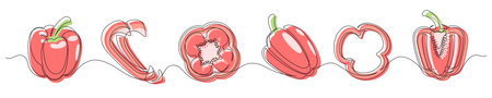 Pepper red continuous one line drawing set isolated on a white background. Horizontal banner. Outline bell pepper vegetable collections. Vector illustrationのイラスト素材