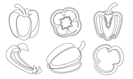 Pepper continuous one line drawing icon set. Outline bell peppers vegetable collections isolated on a white background. Vector illustrationのイラスト素材