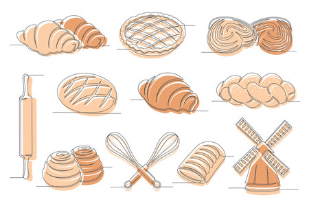 Bun, bread, croissant, applepie pie continuous one line drawing set isolated on a white background. Whisk, rolling pin, windmill, elements. Outline bakery brown icon collections. Vector illustrationのイラスト素材