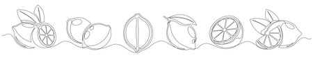 Lemon continuous one line drawing set isolated on a white background. Horizontal banner. Outline lemon citrus collections. Editable stroke. Vector illustrationのイラスト素材