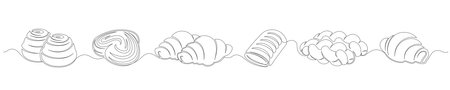 Buns, croissants and bakery continuous one line drawing set isolated on a white background. Horizontal banner. Outline bakery collections. Vector illustrationのイラスト素材