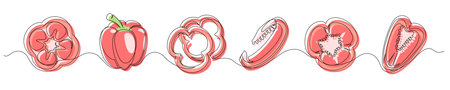 Pepper red continuous one line drawing set isolated on a white background. Horizontal banner. Outline bell pepper vegetable collections. Vector illustrationのイラスト素材