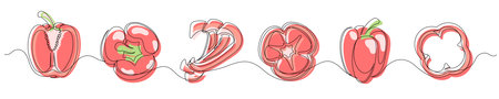 Pepper red continuous one line drawing set isolated on a white background. Horizontal banner. Outline bell pepper vegetable collections. Vector illustrationのイラスト素材