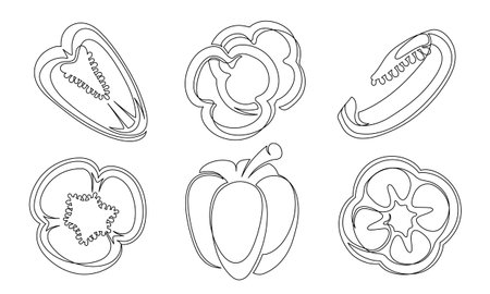 Pepper continuous one line drawing icon set. Outline bell peppers vegetable collections isolated on a white background. Vector illustrationのイラスト素材