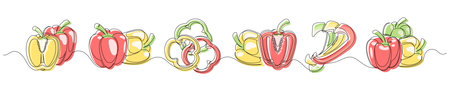 Pepper red, yellow, green continuous one line drawing set isolated on a white background. Horizontal banner. Outline bell pepper vegetable collections. Vector illustrationのイラスト素材