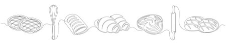 Bakery continuous one line drawing set isolated on a white background. Horizontal banner. Whisk, rolling pin elements. Outline bakery collections. Vector illustrationのイラスト素材
