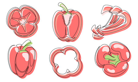Pepper red continuous one line drawing icon set. Outline bell peppers vegetable collections isolated on a white background. Vector illustrationのイラスト素材