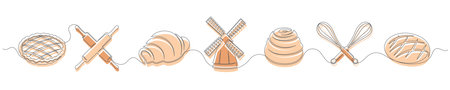 Bakery continuous one line drawing set isolated on a white background. Horizontal banner. Whisk, rolling pin, windmill elements. Outline bakery brown collections. Vector illustrationのイラスト素材