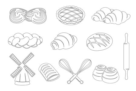 Bread, croissant, bun, apple pie continuous one line drawing icon set isolated on a white background. Whisk, rolling pin, windmill elements. Outline bakery collections. Vector illustrationのイラスト素材