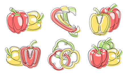 Pepper red, yellow, green continuous one line drawing icon set. Outline bell peppers vegetable collections isolated on a white background. Vector illustrationのイラスト素材
