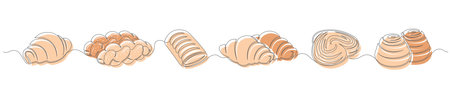 Buns, croissants and bakery continuous one line drawing set isolated on a white background. Horizontal banner. Outline bakery brown collections. Vector illustrationのイラスト素材