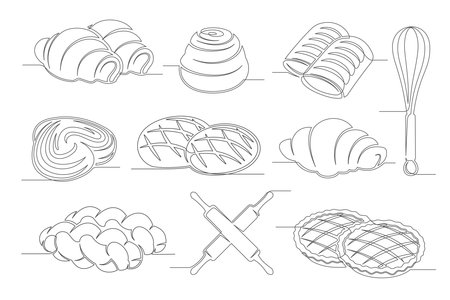Bread, croissant, bun, applepie pie continuous one line drawing set isolated on a white background. Whisk, rolling pin elements. Outline bakery icon collections. Vector illustrationのイラスト素材
