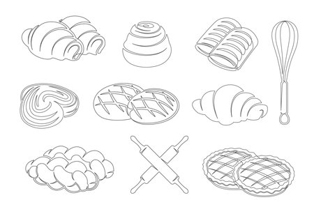 Bread, croissant, bun, apple pie continuous one line drawing icon set isolated on a white background. Whisk, rolling pin elements. Outline bakery collections. Vector illustrationのイラスト素材