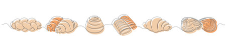 Buns, croissants and bakery continuous one line drawing set isolated on a white background. Horizontal banner. Outline bakery brown collections. Vector illustrationのイラスト素材