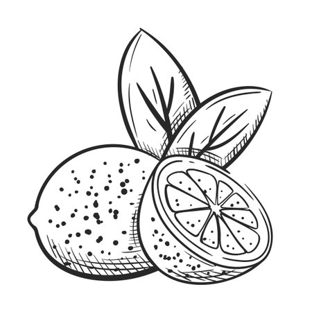 Lemons with leaves hand drawn isolated on white background. Sketch of limes whole and halves. Vintage design. Vector illustrationのイラスト素材