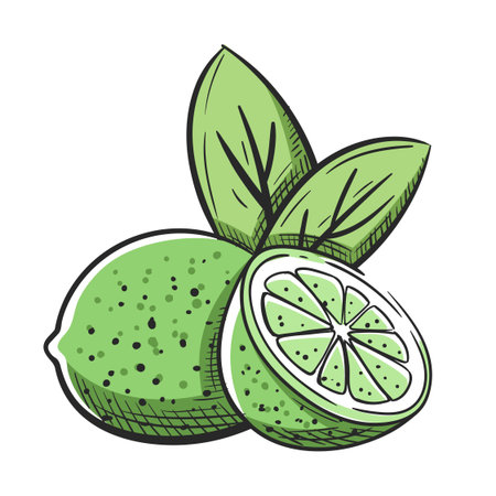 Lemons with leaves hand drawn isolated on white background. Sketch of limes whole and halves. Vintage colorful design. Vector illustrationのイラスト素材